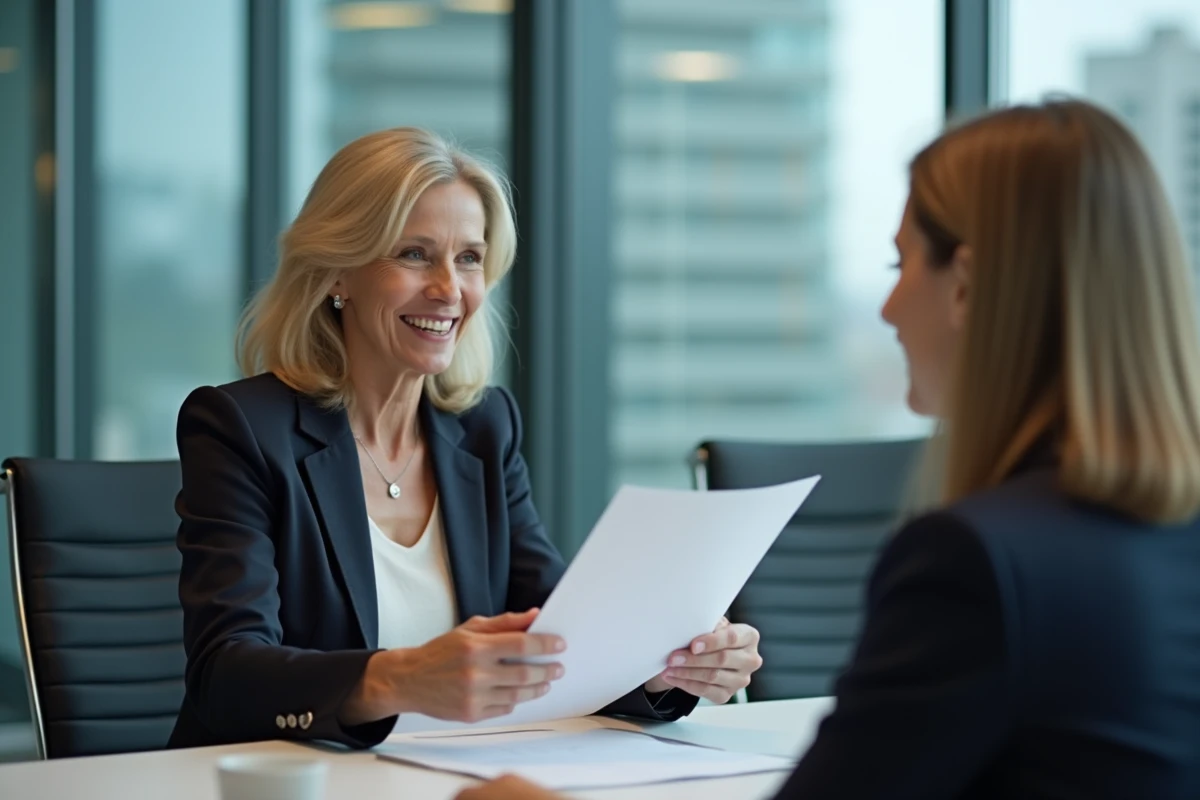 Femme souriante discutant avec un collègue en réunion