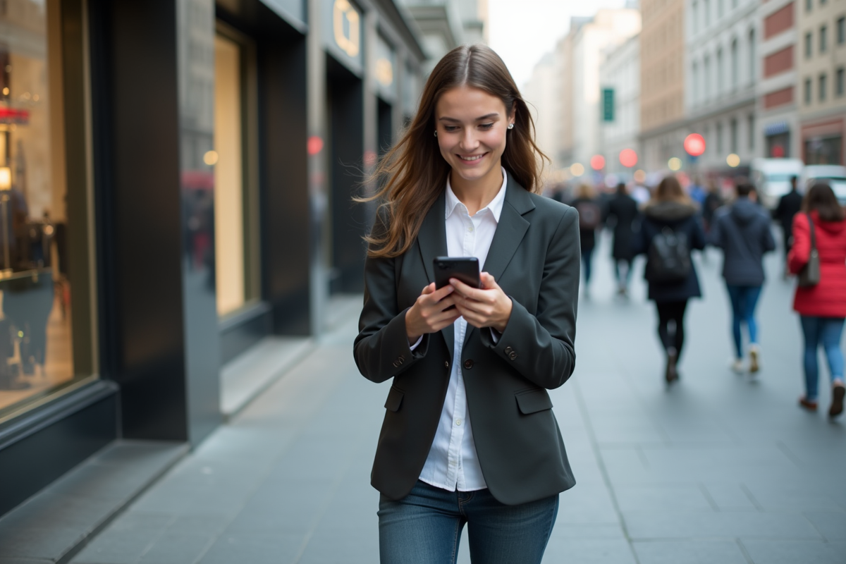 Jeune femme dans la ville utilisant son smartphone