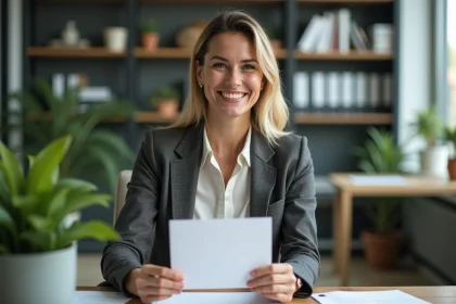 Femme souriante tenant une carte d'adieu dans un bureau moderne