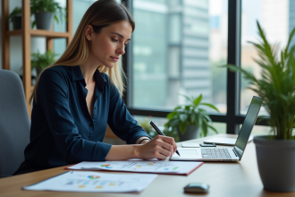 Femme concentrée travaillant sur diagrammes CRM dans un bureau moderne