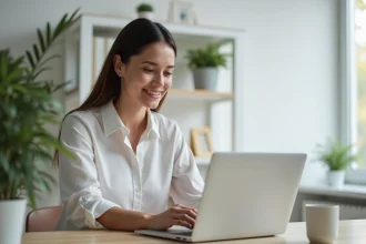 Femme en télétravail sur son ordinateur dans un bureau moderne