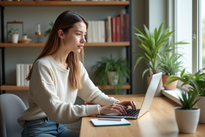 Jeune femme planifiant ses posts sur un ordinateur dans un bureau lumineux