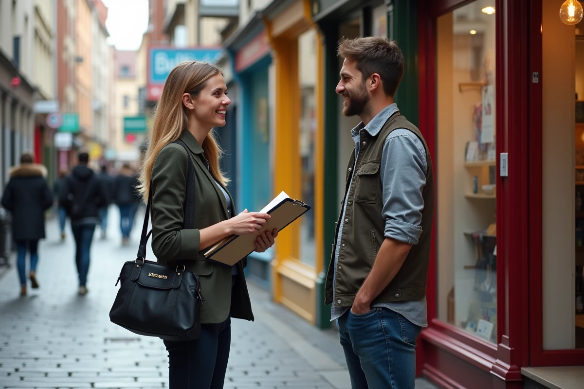 Jeune femme d affaires parlant avec un commerçant dans la rue