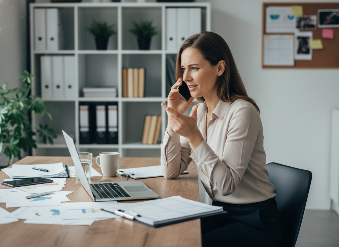 Femme en bureau moderne multitâches avec ordinateur et téléphone