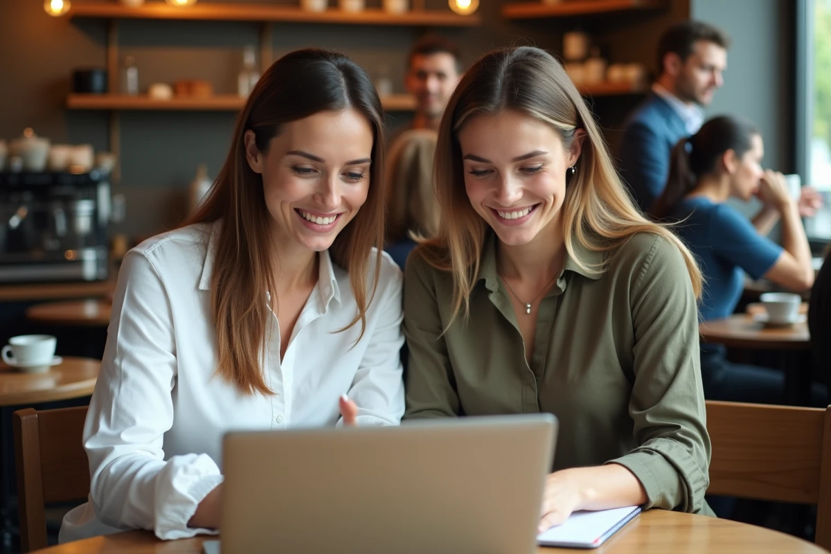 Deux femmes entrepreneures discutant des erreurs d'optimisation d'une boutique en ligne dans un café, consultation stratégie de vente numérique pour débutantes