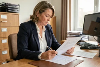 Fonctionnaire en blazer marine relisant un contrat de travail à son bureau dans une administration publique française