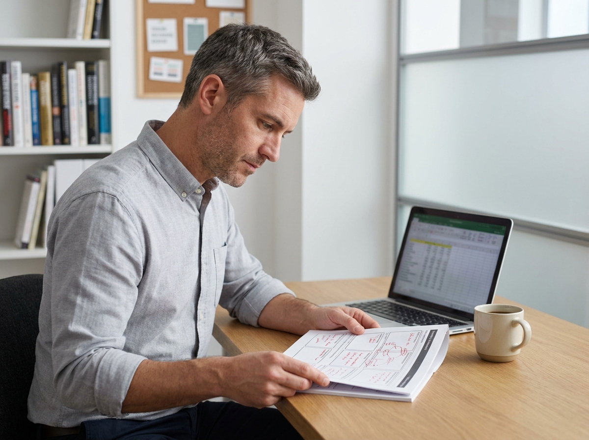 Dirigeant consultant un document cadre annoté pour formaliser la promesse employeur de son entreprise
