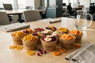 Assortiment de fruits déshydratés servis dans des bols kraft sur une table de réunion en entreprise