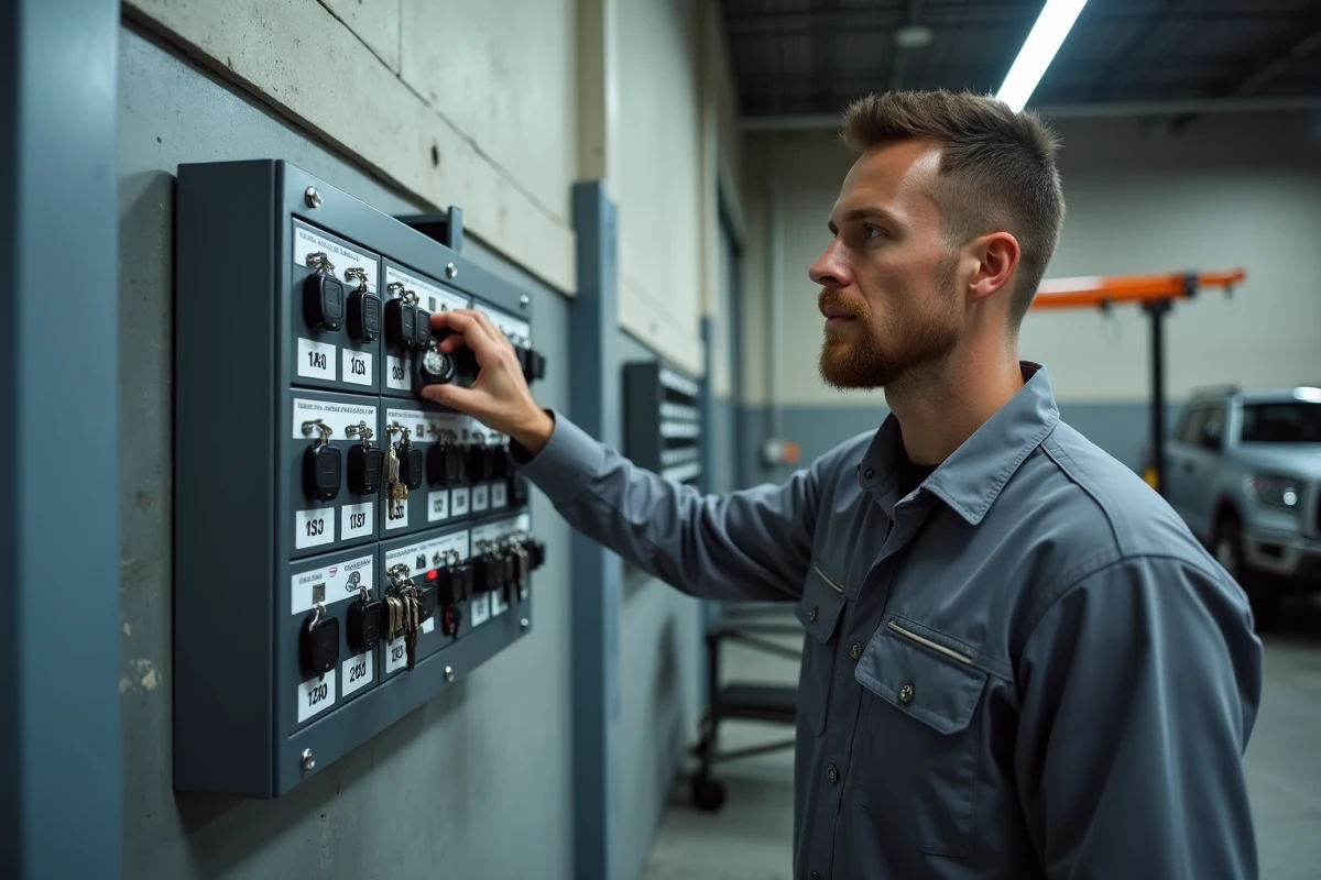 Technicien récupérant une clé dans un cabinet sécurisé de gestion des clés de véhicules d'occasion en garage