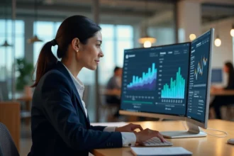 Responsable d'équipe analysant les performances sur un tableau de bord numérique dans un open space moderne, illustrant la gestion d'équipe et le gain de temps opérationnel