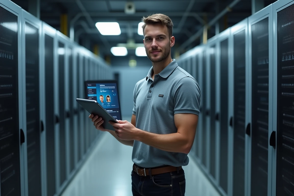 Technicien informatique gérant les identifiants de connexion Nibelis sur tablette dans une salle serveur