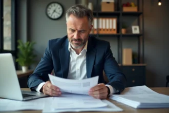 Manager logistique homme en bureau concentré sur documents