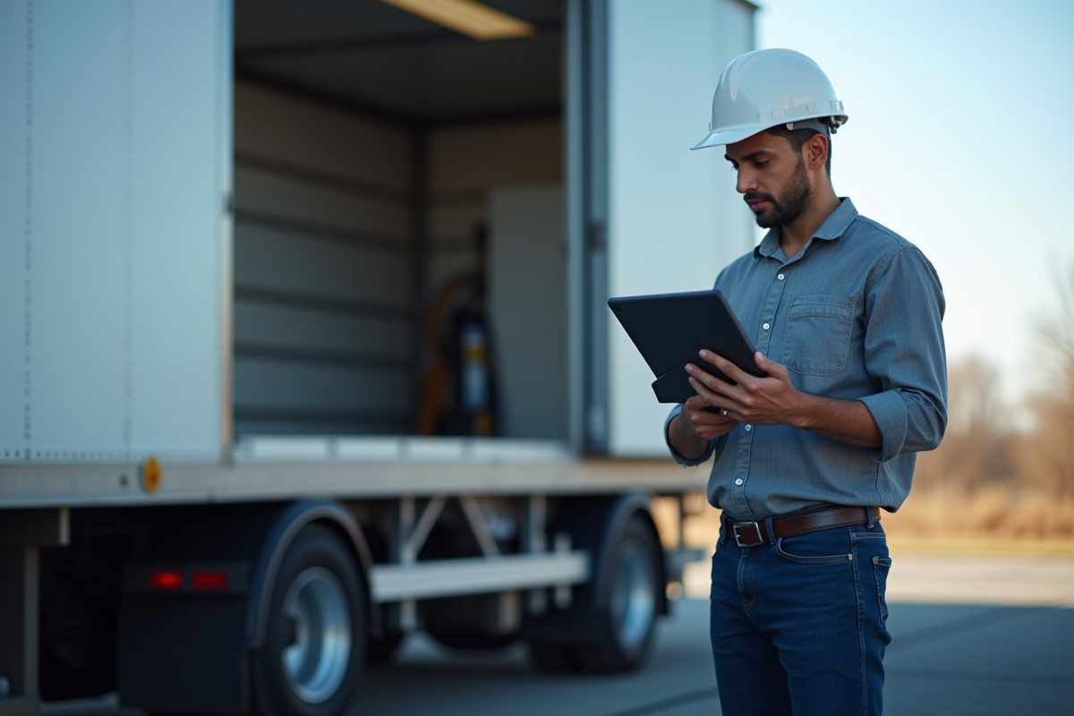 Gestionnaire inspectant un camion frigorifique avec tablette