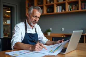 Homme restaurant en blanc et bleu regardant des tableaux