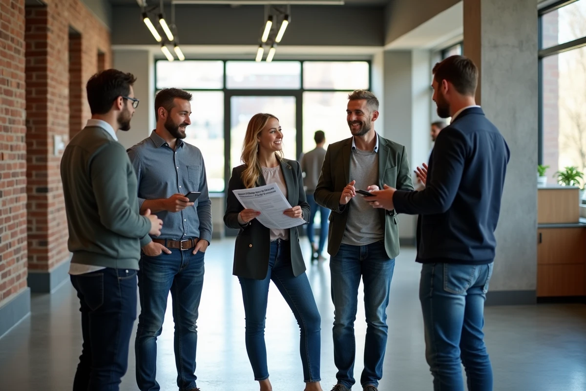 Groupe de collègues discutant du choix du bon pass d'inscription pour l'événement lesentreprisesfrenchy 2026 dans un espace de co-working moderne