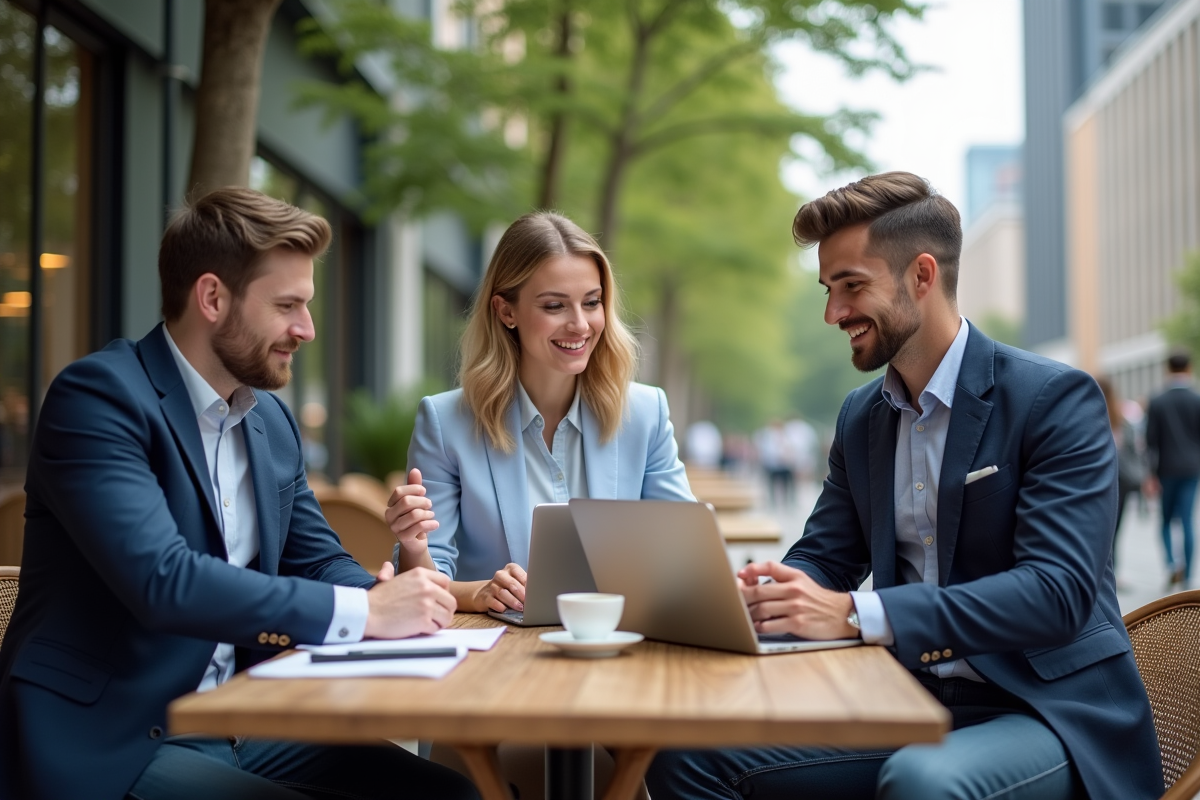Groupe de professionnels discutant sur une terrasse urbaine