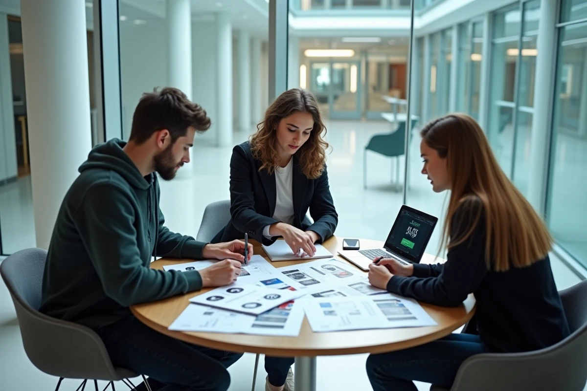 Groupe d'étudiants collaborant sur un exposé collectif sur Stellantis dans une salle de travail moderne