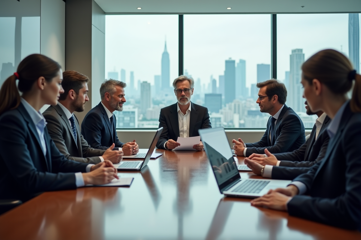 Groupe de professionnels en réunion d'affaires en salle moderne