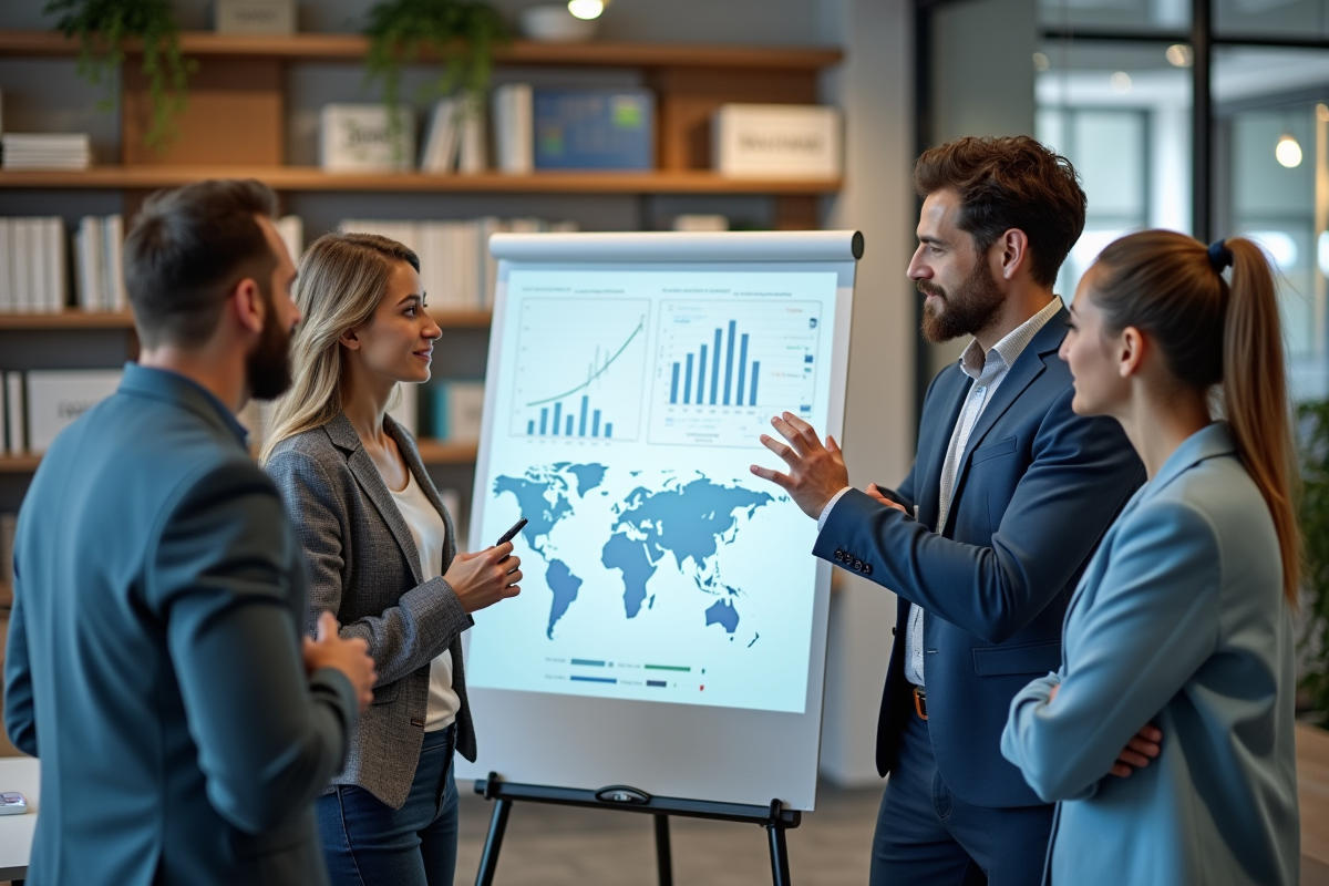 Groupe de professionnels discutant autour d’un tableau digital dans un espace de coworking