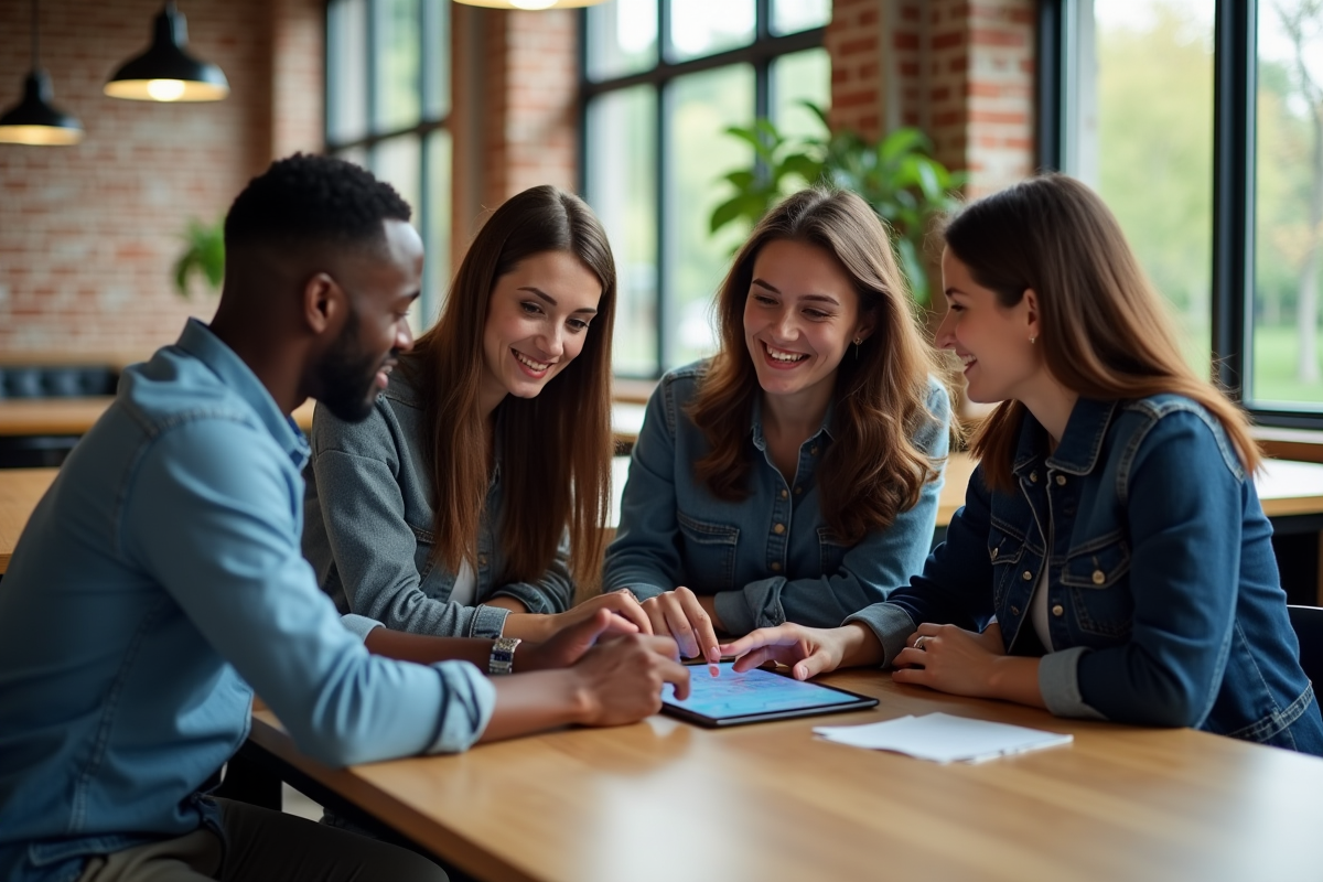 Groupe de jeunes professionnels discutant autour d