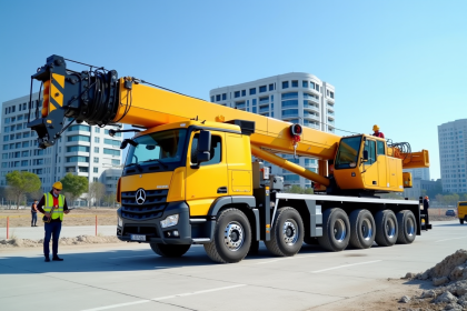 Camion-grue jaune d'occasion sur un chantier avec bâtiments modernes