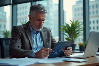 Homme d'affaires concentré devant un graphique en baisse