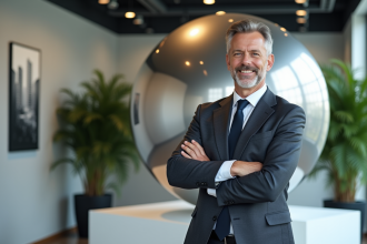 Homme d'affaires avec sphère métallique dans un bureau moderne