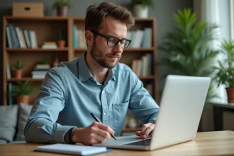 Homme concentré travaillant à son bureau à domicile