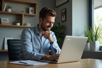 Homme en bureau moderne regardant son ordinateur avec espoir