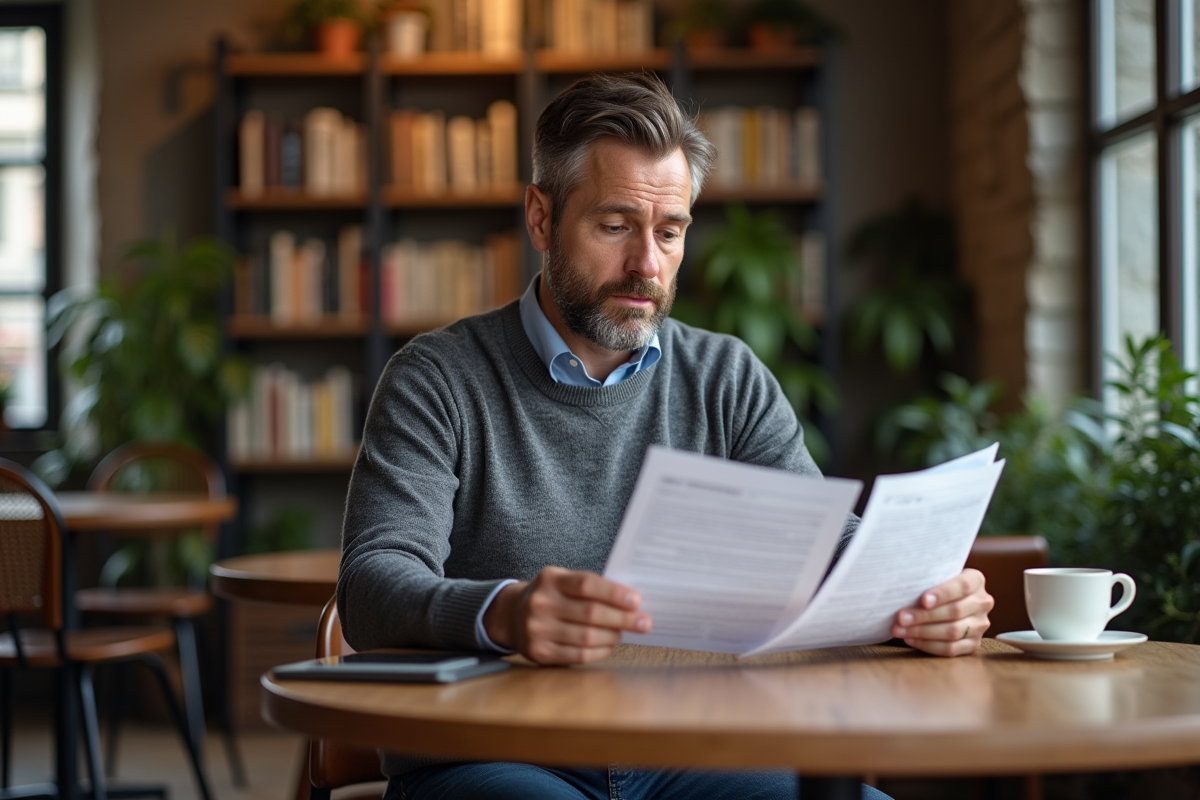 Homme en café lisant des documents avec un café
