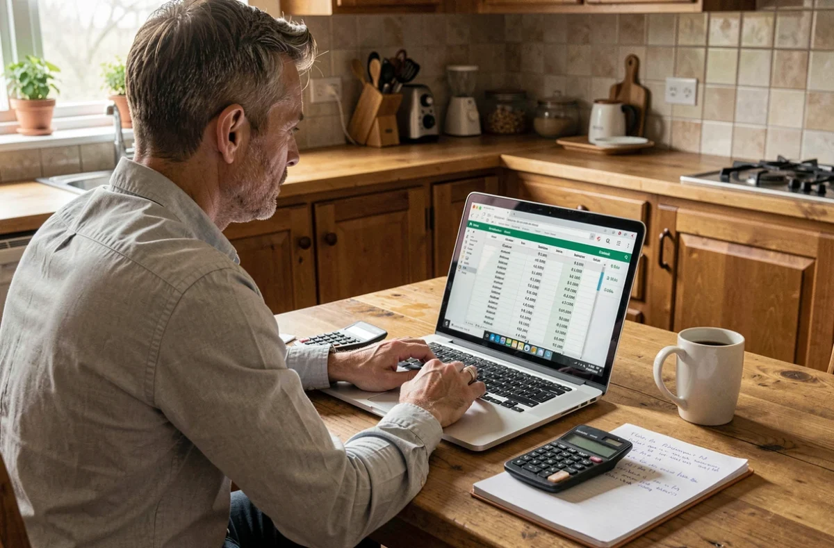 Homme calculant son salaire horaire brut et net sur un ordinateur portable à la maison avec calculatrice et notes manuscrites
