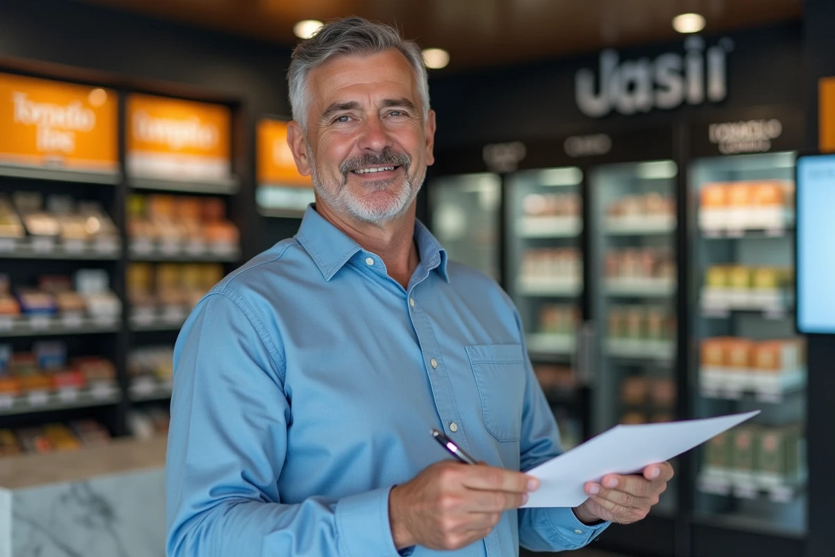 Homme d'âge moyen devant un kiosque à tabac moderne