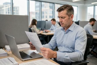 Homme en bureau examinant un contrat de travail à 39 heures avec une expression concentrée
