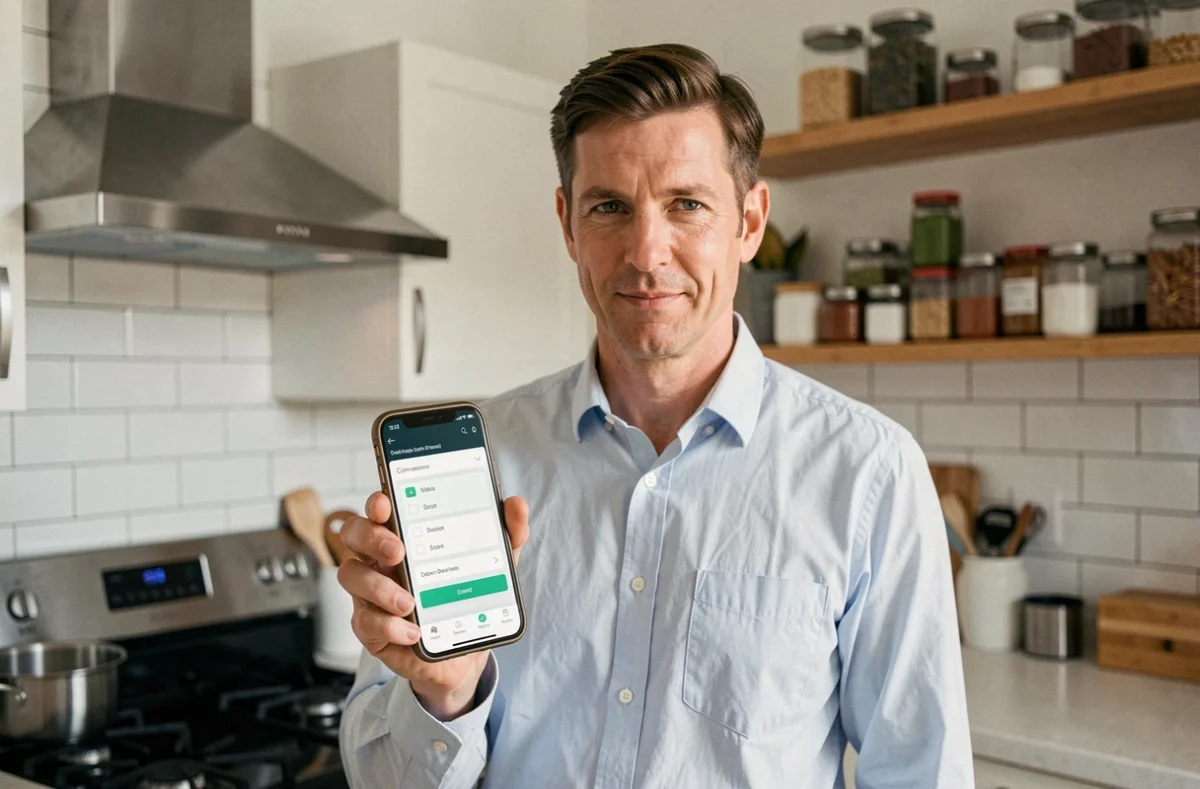 Homme consultant un outil de conversion de mesures sur smartphone dans une cuisine moderne