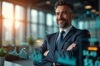 Homme d'affaires confiant dans un bureau moderne avec graphiques et symboles monétaires