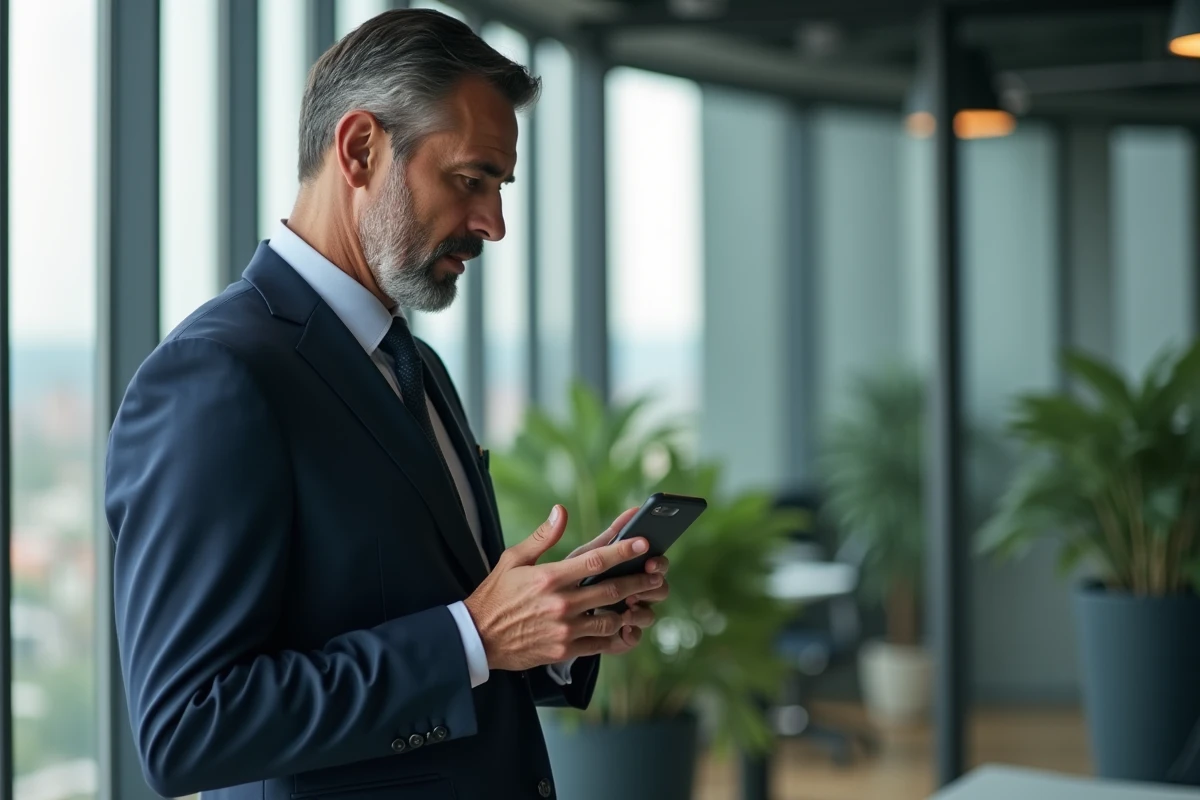Homme en costume pratiquant son discours dans un espace de coworking