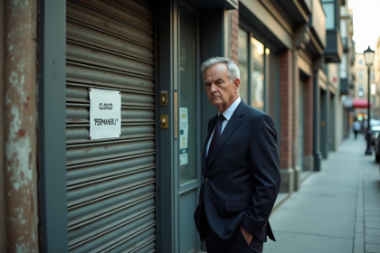 Homme d'affaires regardant une porte fermée avec panneau de fermeture