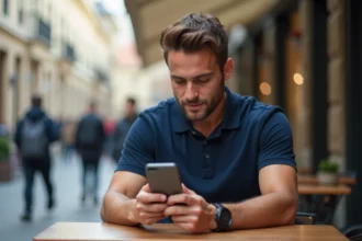Homme consultant l'extranet FBI V2 sur smartphone en terrasse de café