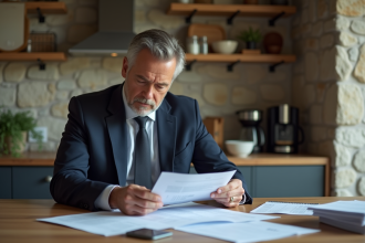 Homme d'âge moyen en costume examine des documents fiscaux