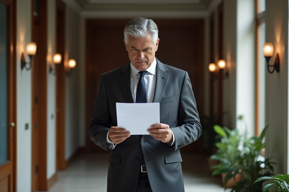 Homme d affaires regardant une lettre juridique dans un couloir