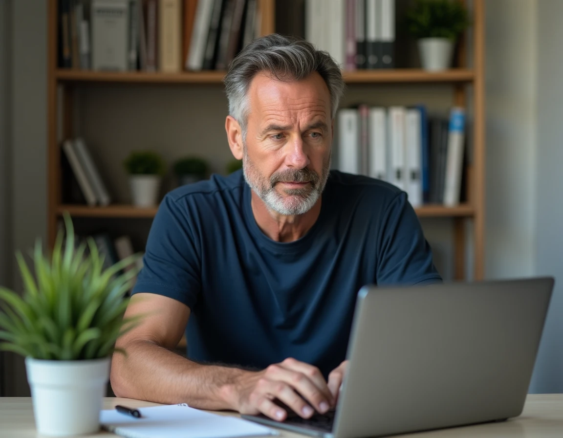 Homme en télétravail rédigeant un message à son manager pour justifier une absence au bureau depuis son bureau à domicile