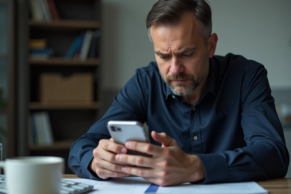 Homme confus regardant une notification de débit inconnu sur son application bancaire mobile