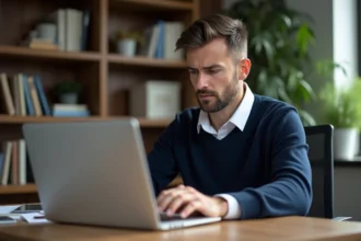 Homme concentré devant un ordinateur avec erreur de login