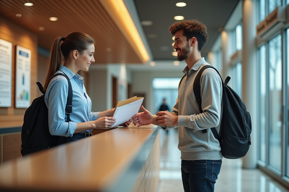 Jeune homme remettant un dossier à la reception