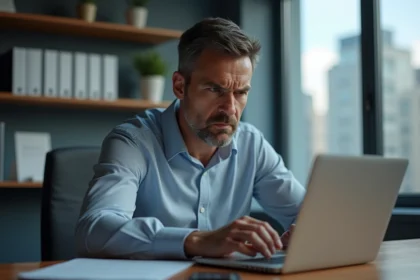 Homme d'affaires anxieux devant son ordinateur au bureau