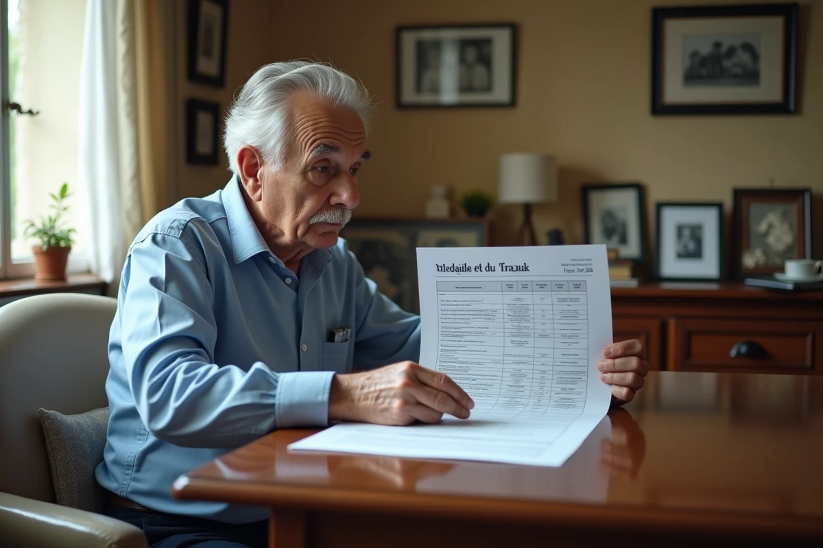 Homme français examine tableau médaille du travail