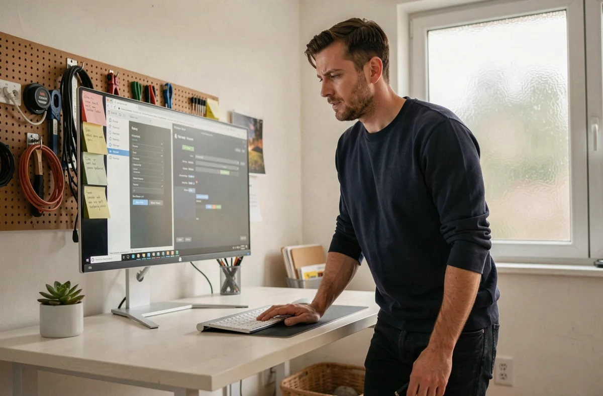 Homme en télétravail explorant les fonctionnalités avancées d'une plateforme startup sur un grand écran dans un bureau à domicile minimaliste