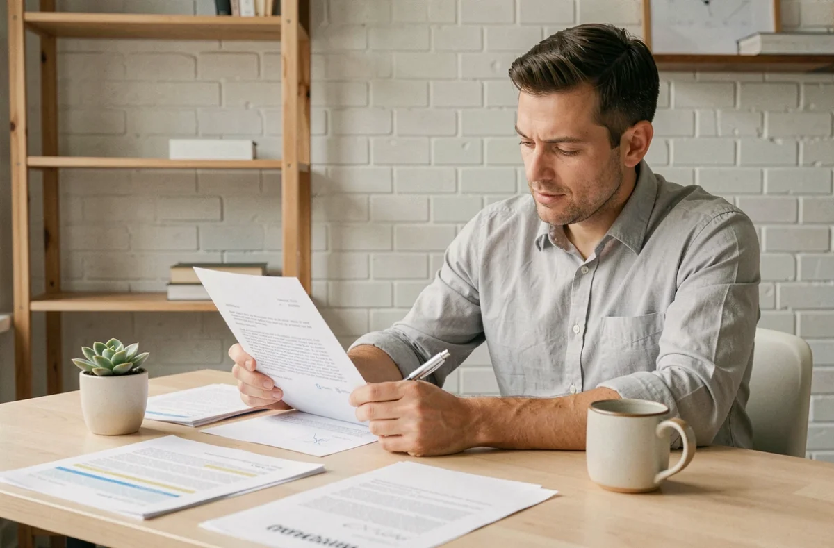 Homme en télétravail relisant un brouillon d'email professionnel dans un bureau à domicile épuré