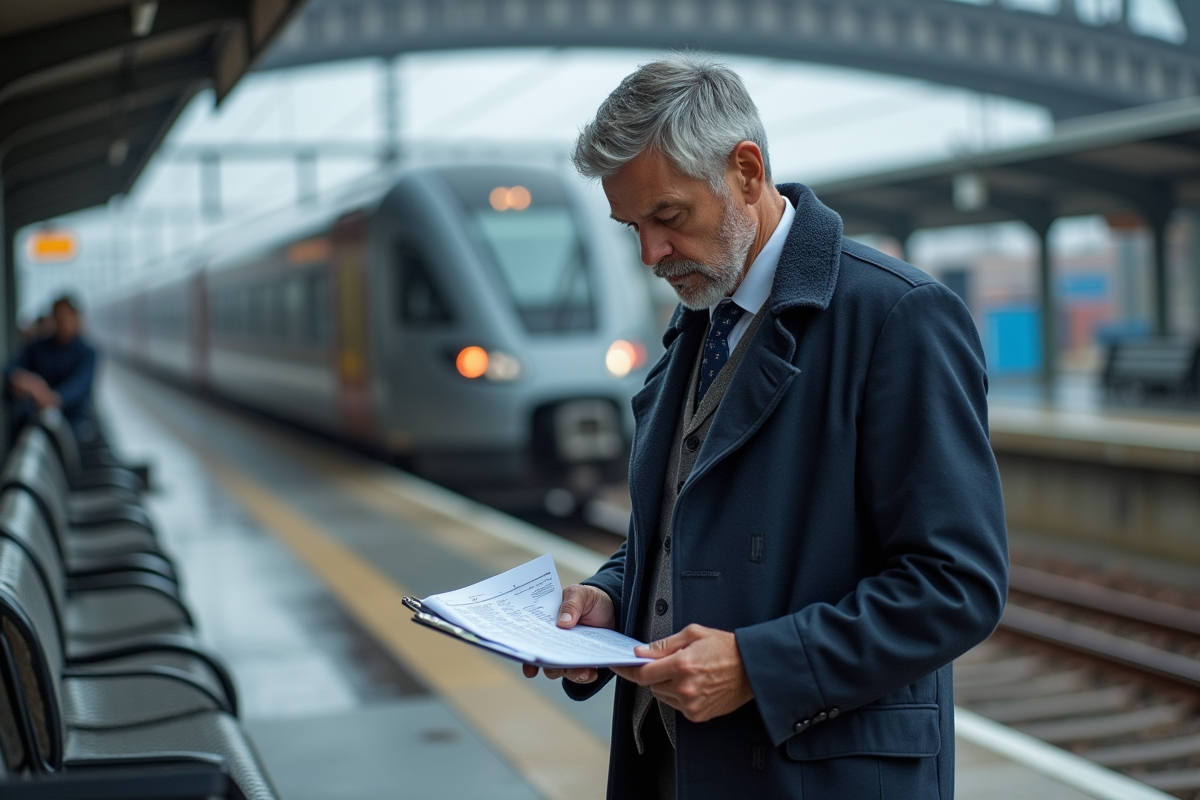 Homme d affaires avec documents à la gare en transit
