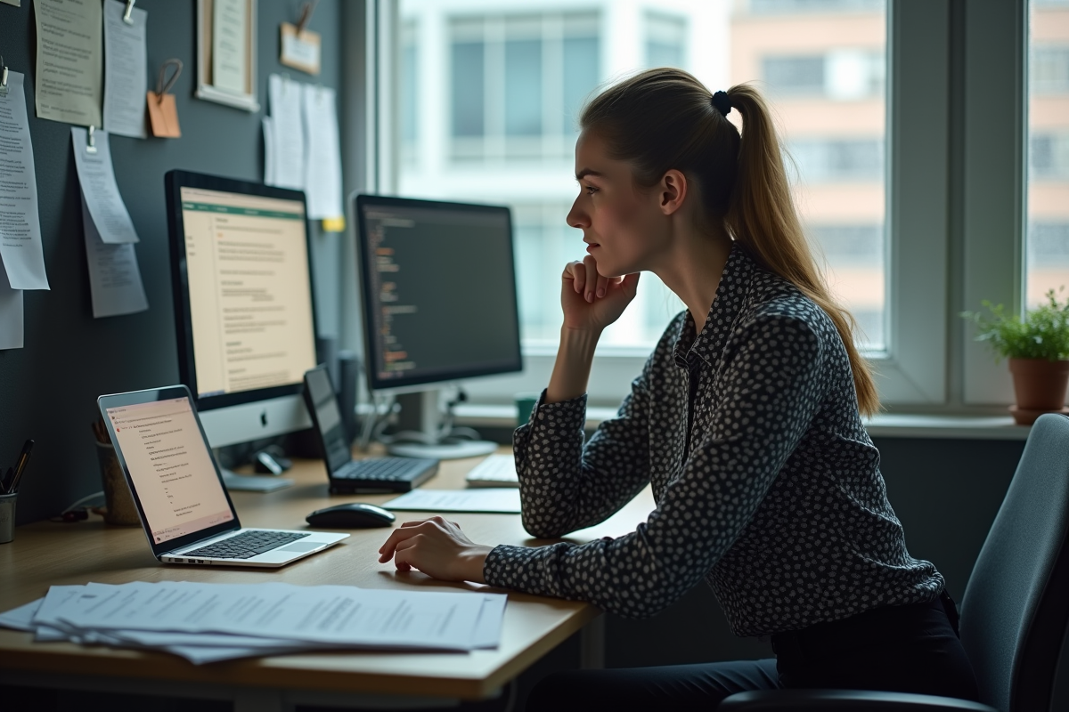 Manager RH seule avec rapport et tablette dans un bureau
